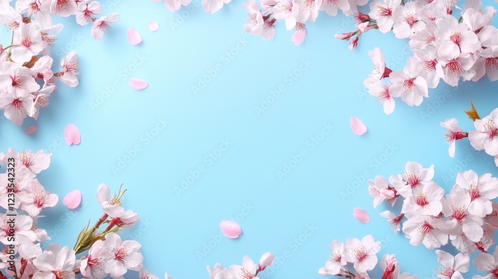 Frame with blooming cherry blossoms on blue sky background. Spring Hanami Japan festival banner concept. Close up blooming sakura in spring season. Hana Matsuri nature flowers festival with copy space Frame with blooming cherry blossoms on blue sky background. Spring Hanami Japan festival banner concept. Close up blooming sakura in spring season. Hana Matsuri nature flowers festival with copy space