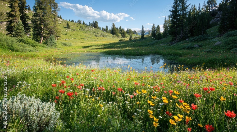 Fototapeta premium Serene Mountain Meadow with Wildflowers and Calm Lake