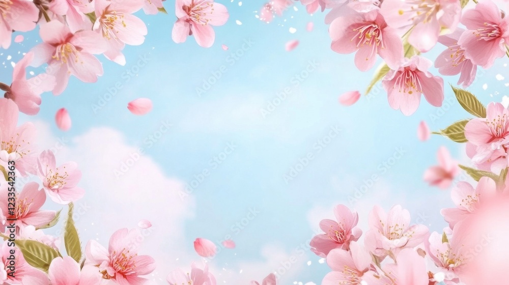 Fototapeta premium Frame with blooming cherry blossoms on blue sky background. Spring Hanami Japan festival banner concept. Close up blooming sakura in spring season. Hana Matsuri nature flowers festival with copy space