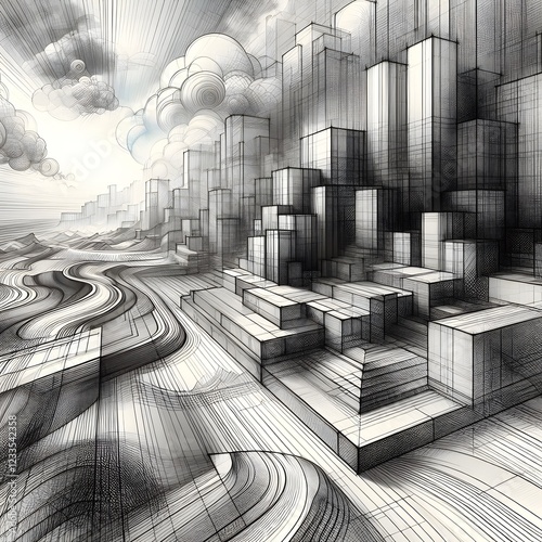 A digital landscape of shifting geometric forms that begins as a pencil sketch and gradually transitions into digital rendering