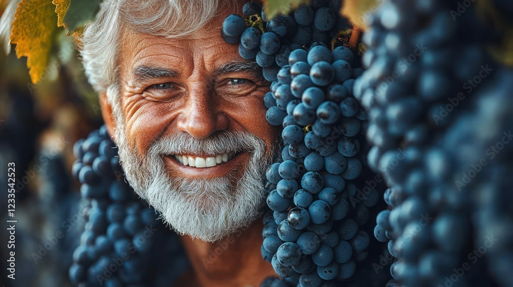 Obraz premium Smiling Winemaker Amidst Abundant Grapes