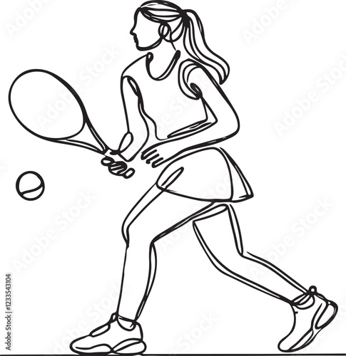 Elegant Line Drawing of Female Tennis Player in Action