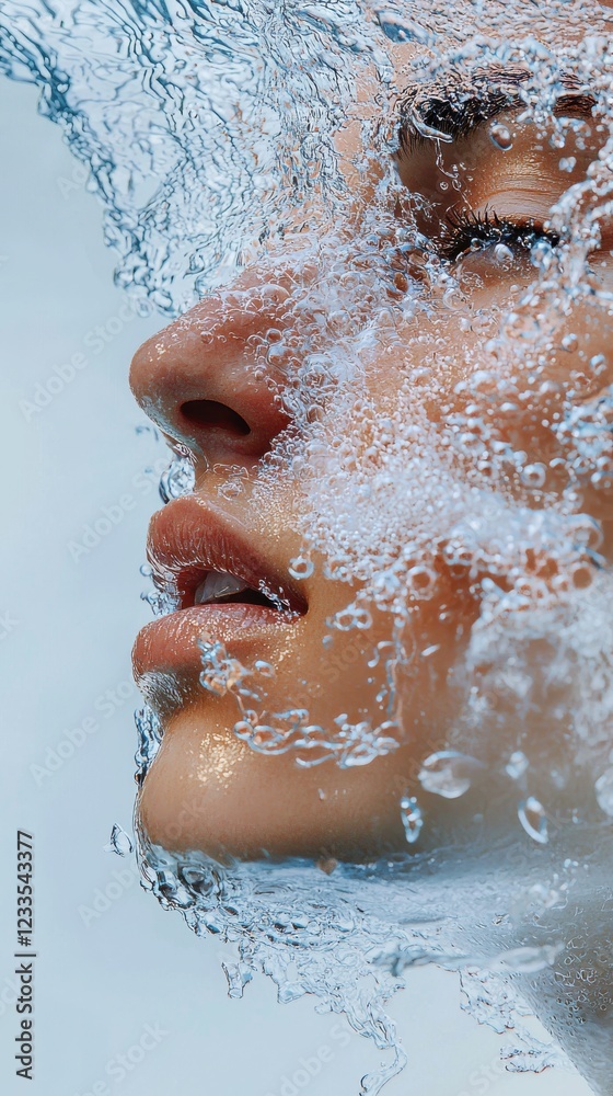Fototapeta premium Close-up of a womans face partially submerged in water with droplets cascading down her skin