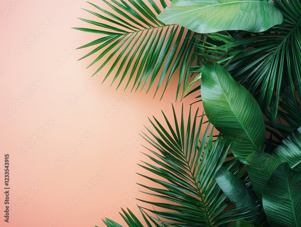 Fototapeta premium Tropical leaves arranged on a vibrant pink background creating a fresh and lively aesthetic