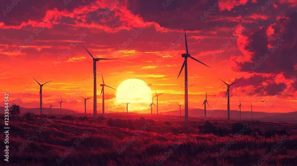 Obraz premium A wind farm with turbines spinning at sunset, orange and pink sky, realistic lighting 