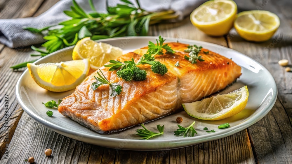 Crispy golden brown salmon fillet on a plate with lemon wedges and fresh herbs , appetizer, fried, appetizer, fried, fish Crispy golden brown salmon fillet on a plate with lemon wedges and fresh herbs , appetizer, fried, appetizer, fried, fish