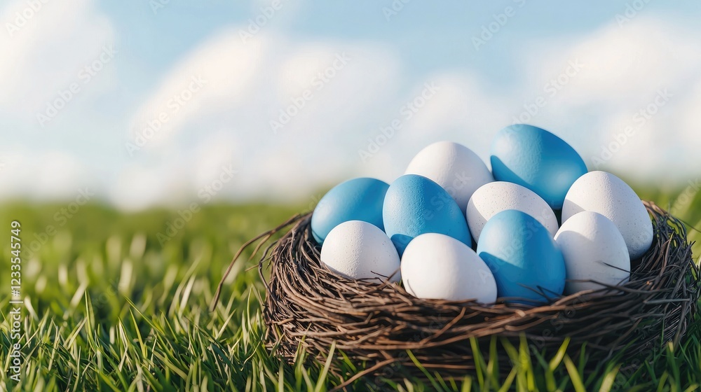 A beautiful nest filled with blue and white eggs resting in green grass under a clear sky, symbolizing nature's charm. A beautiful nest filled with blue and white eggs resting in green grass under a clear sky, symbolizing nature's charm.