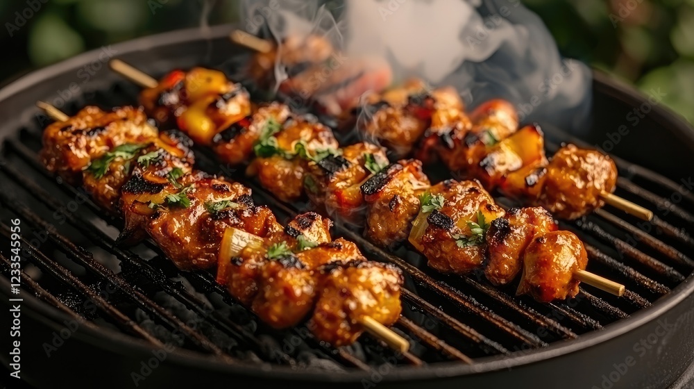 Grilled skewers of marinated meat and vegetables on a barbecue with smoke rising