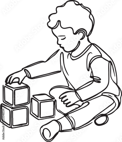 Adorable Toddler Playing with Blocks in Line Art
