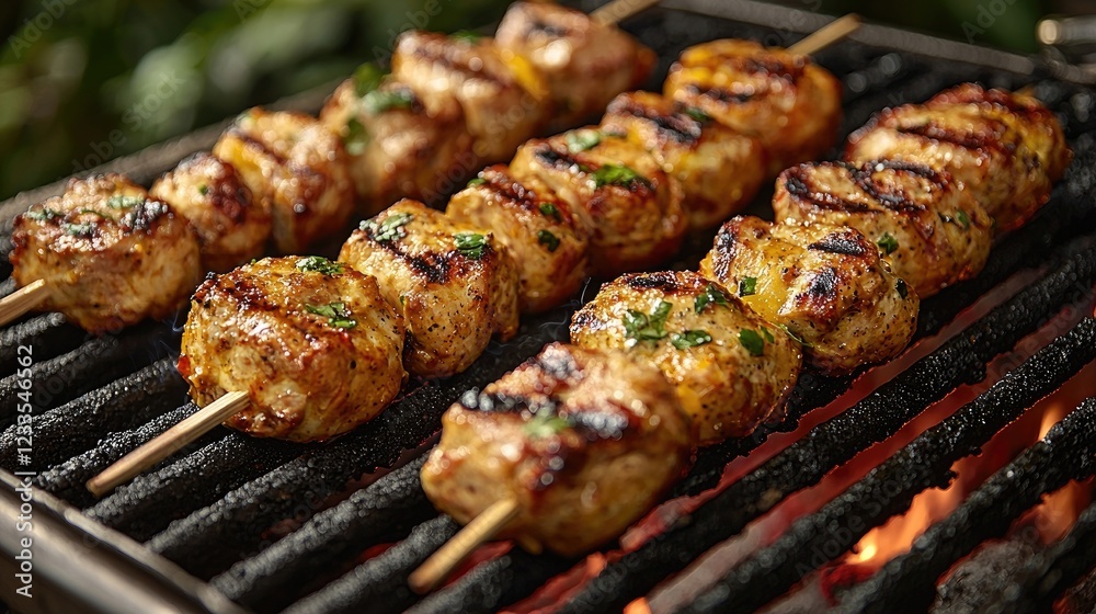 Grilled meat skewers sizzling on a barbecue, surrounded by lush greenery in summer Grilled meat skewers sizzling on a barbecue, surrounded by lush greenery in summer