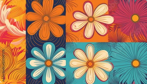 Wallpaper Mural Vibrant, Eclectic Mix of Geometric and Floral Patterns in a Bold, Seamless Vector Design, Perfect for Digital Art, Home Decor, or Design Inspiration. Torontodigital.ca