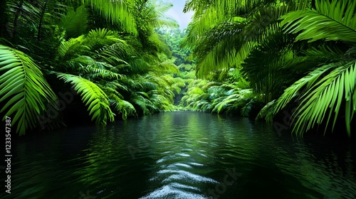 Lush Green Jungle River Surrounded by Tropical Plants and Foliage