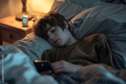 Teenage boy rests in bed, staring at his phone with a bored expression. A thermometer sits nearby, emphasizing his mild flu as he focuses on resting at home
