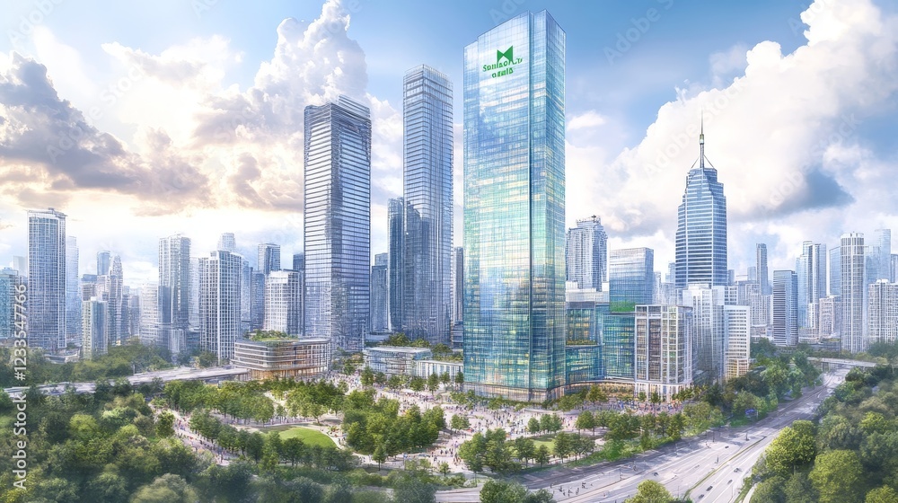 Fototapeta premium Modern Cityscape with Tall Skyscrapers and Green Spaces