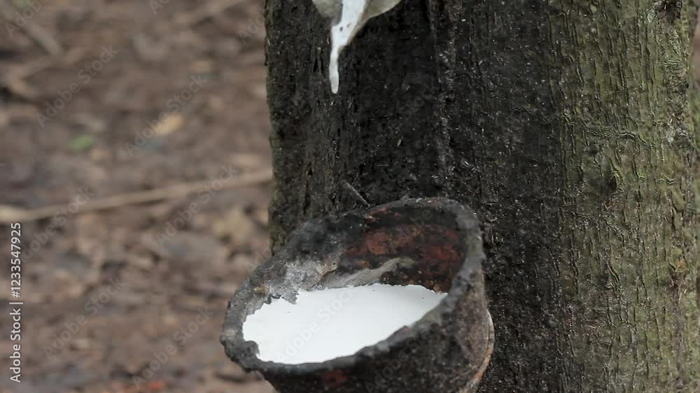 Close-up of rubber tapping on a latex tree or Hevea brasiliensis.