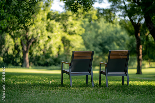 Serene park setting with two empty chairs facing a lush green landscape, inviting tranquility and relaxation. photo