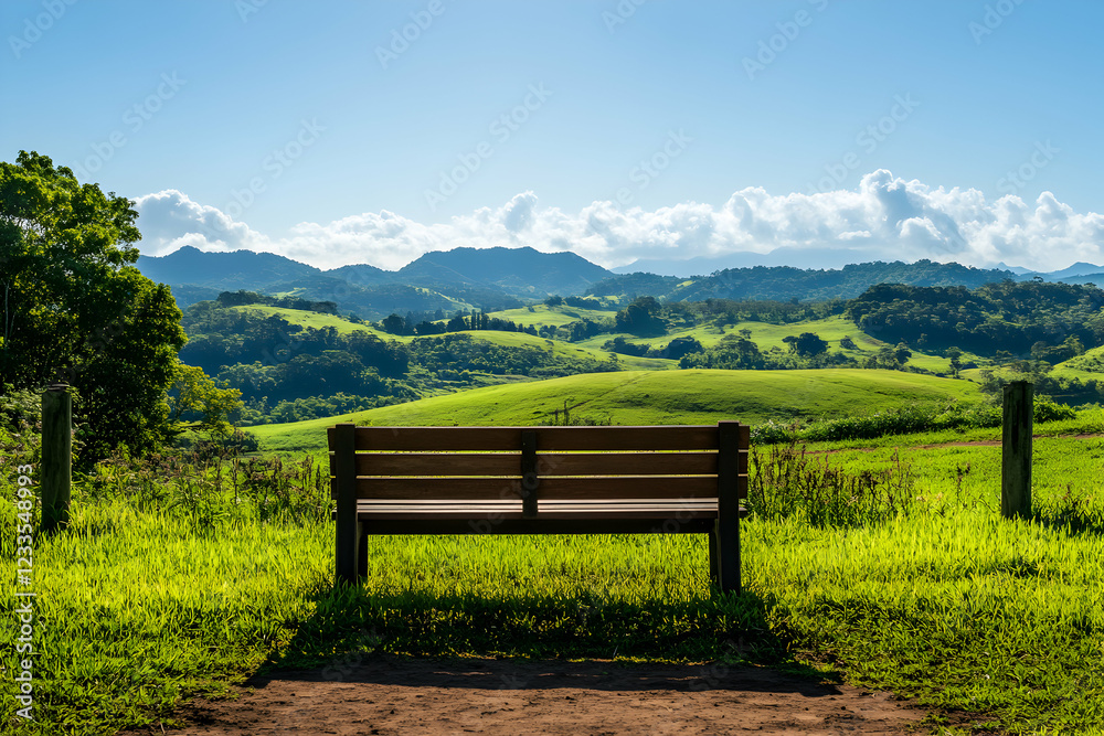 Serene Bench Overlooking Rolling Green Hills and Mountains under a Blue Sky