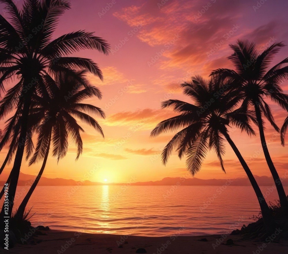 Obraz premium Silhouette of palm trees against glowing sunset sky, horizon, orange