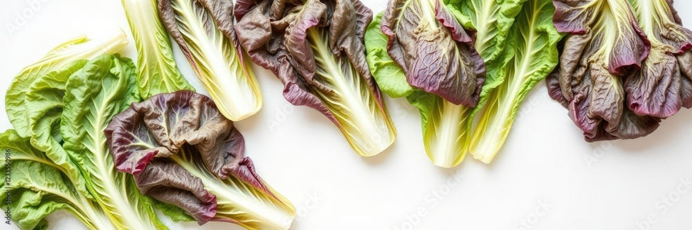 Obraz premium Romaine lettuce leaves in varying stages of freshness arranged on a white surface, demonstrating their versatility for salads and other dishes, romaine lettuce, varied freshness levels, organic