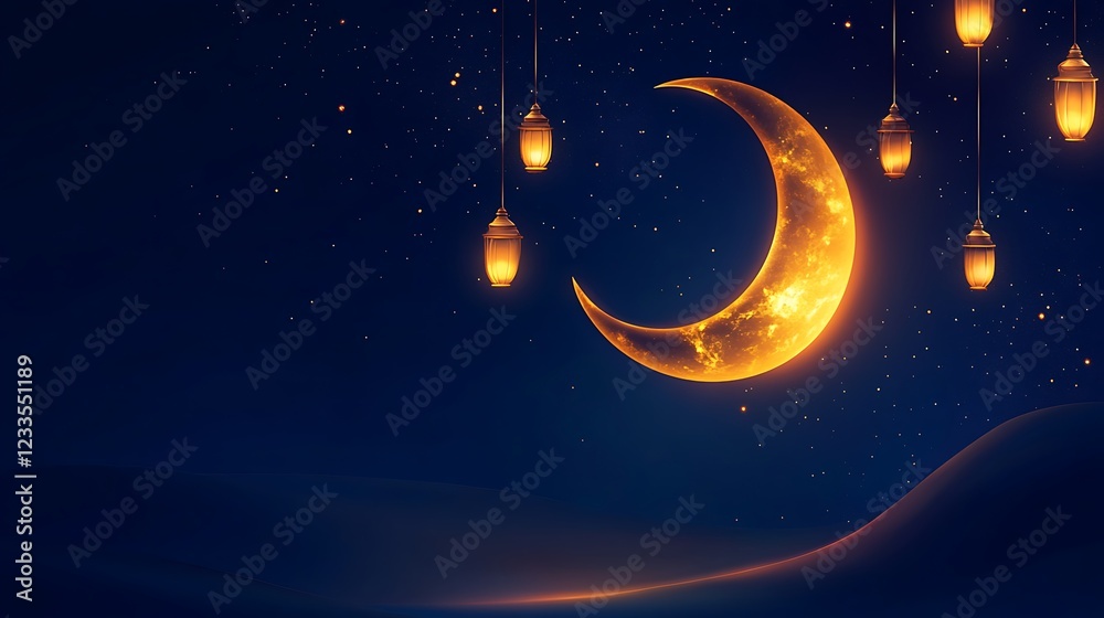 Fototapeta premium Crescent Moon Night Sky With Hanging Lanterns