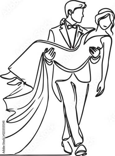 Elegant Line Drawing of Bridegroom Carrying Bride