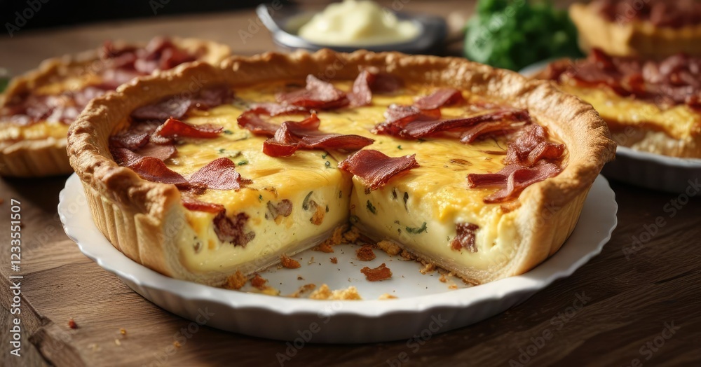 Quiche filled with melted cheese and crispy fried bacon, melted cheese, lunch choice, morning meal Quiche filled with melted cheese and crispy fried bacon, melted cheese, lunch choice, morning meal