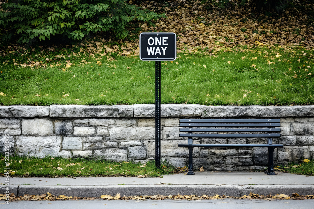 Serene Park Bench Scene: One-Way Street Sign Beside Stone Wall Serene Park Bench Scene: One-Way Street Sign Beside Stone Wall
