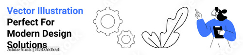 Wallpaper Mural Designer pointing at feather, gears, symbolizing creativity, ideas, and innovation. Ideal for branding, UX design, business strategy, creative projects workshops education flat landing page banner Torontodigital.ca