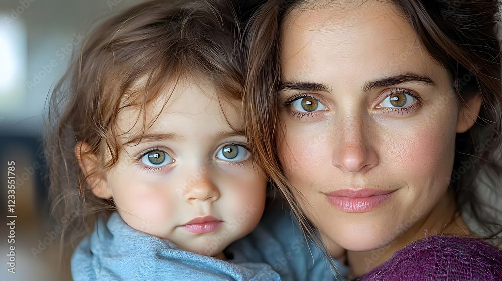 Mother and daughter portrait, indoor, close-up, loving Mother and daughter portrait, indoor, close-up, loving