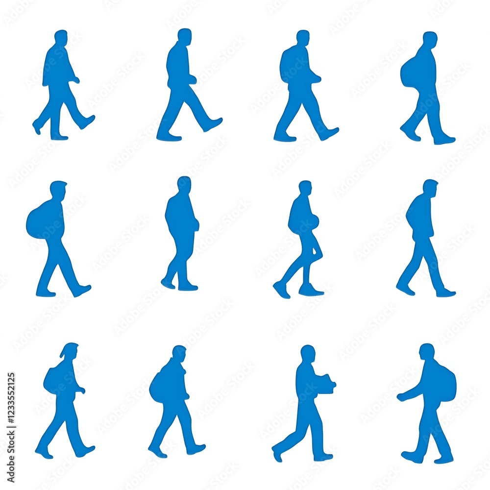 Twelve Blue Silhouettes Depict People Walking Twelve Blue Silhouettes Depict People Walking