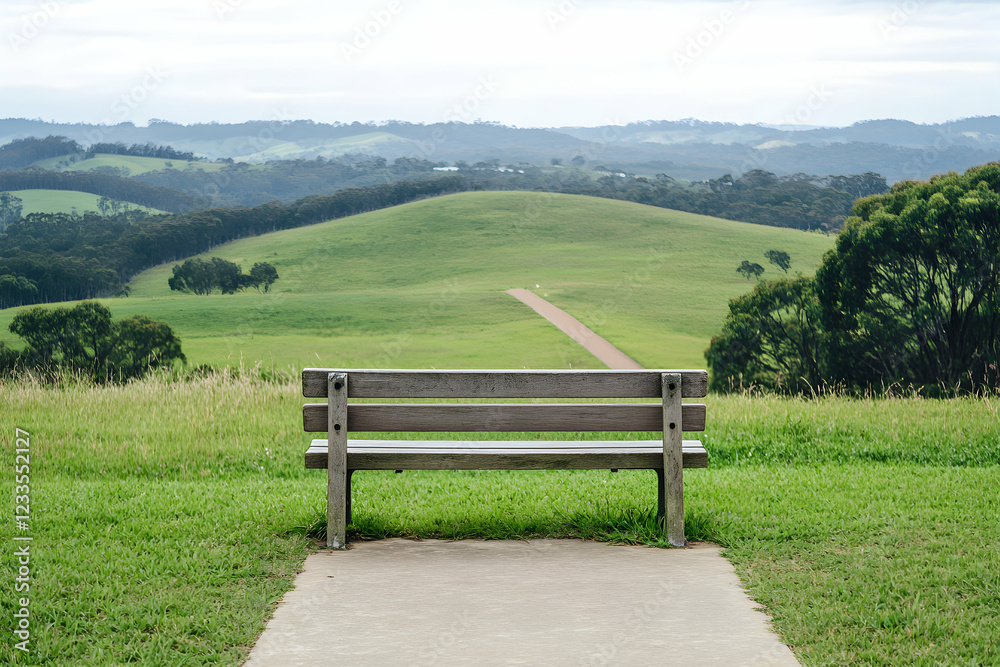 Serene Hilltop Vista: A Wooden Bench Overlooking Rolling Green Hills and Distant Landscapes Serene Hilltop Vista: A Wooden Bench Overlooking Rolling Green Hills and Distant Landscapes