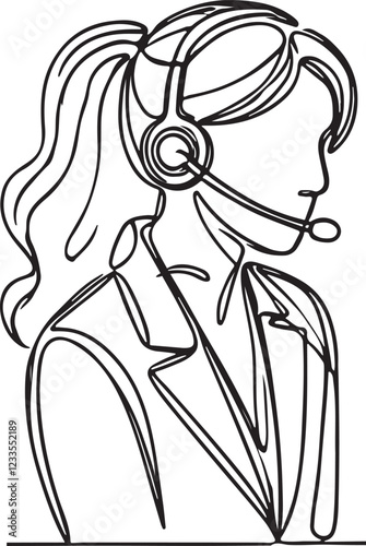 Line Drawing of Female Call Center Agent with Headset