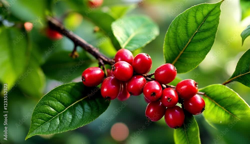 Close-up of a bunch of ripe red berries on a green leafy branch. A vibrant and natural scene. Close-up of a bunch of ripe red berries on a green leafy branch. A vibrant and natural scene.