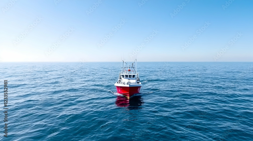 Red fishing boat sailing on calm ocean, clear sky Red fishing boat sailing on calm ocean, clear sky