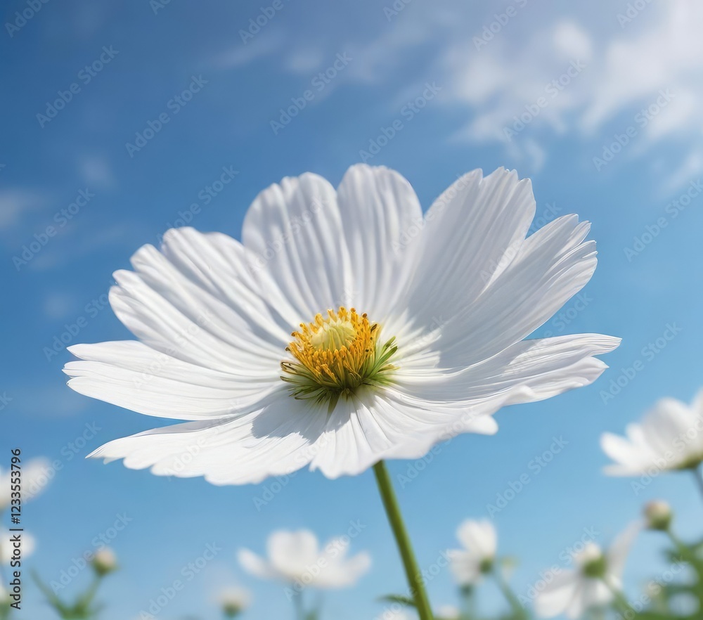 Soft focus on a white cosmos bloom standing out against a blue sky, focal point, soft focus, garden, dreamy, ethereal Soft focus on a white cosmos bloom standing out against a blue sky, focal point, soft focus, garden, dreamy, ethereal