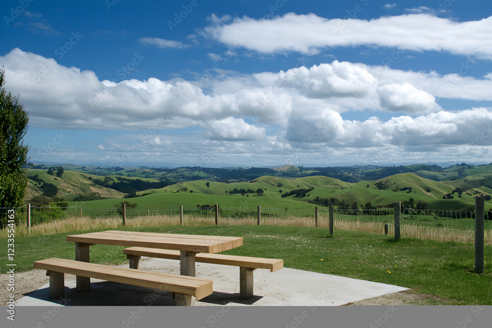Serene Countryside Picnic Spot: Breathtaking View of Rolling Hills and Lush Green Pastures Under a Sky Filled with Fluffy Clouds Serene Countryside Picnic Spot: Breathtaking View of Rolling Hills and Lush Green Pastures Under a Sky Filled with Fluffy Clouds