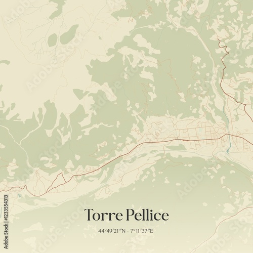 Vintage map of Torre Pellice, Italy.
