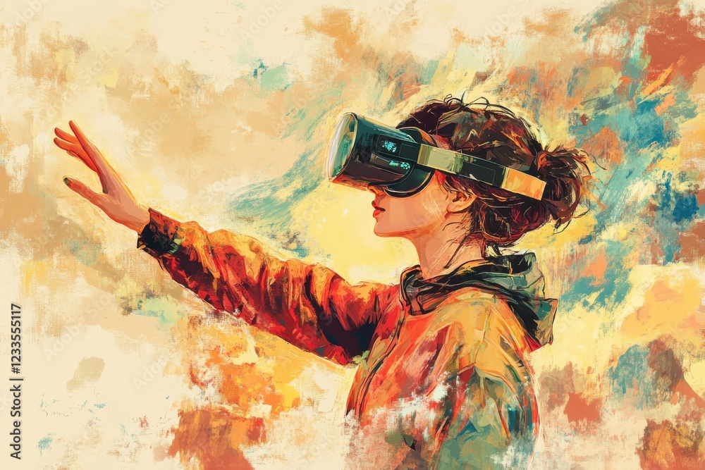 Obraz premium A Creative Portrait of a Young Woman Engaged with Virtual Reality Technology in a Vibrant and Colorful Artistic Style