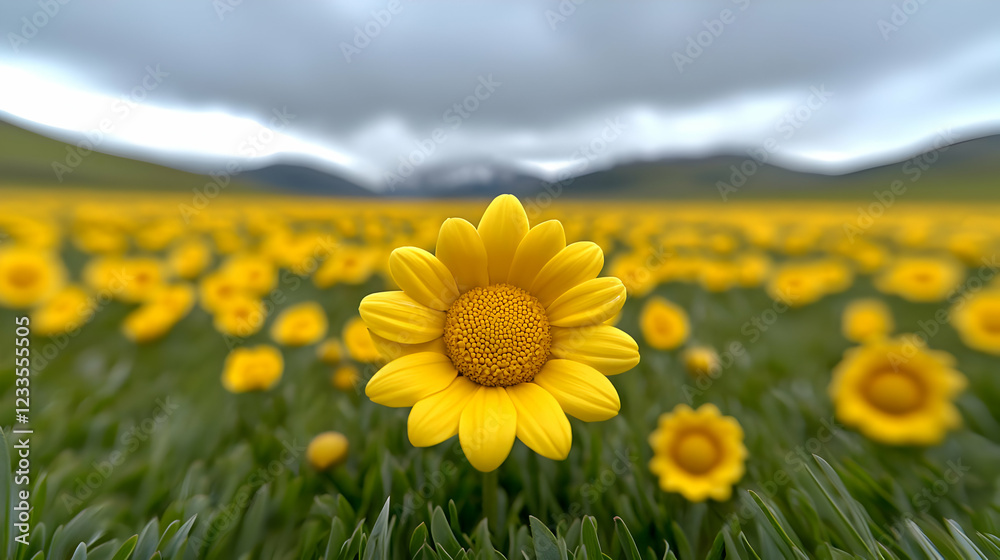 Fototapeta premium Yellow wildflower blooms in a vast mountain meadow under a cloudy sky.