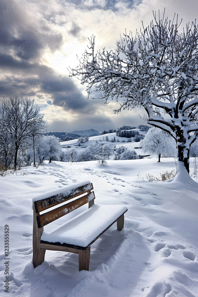Snowy Winter Bench Landscape: Serenity in the Snow-Covered Hills Snowy Winter Bench Landscape: Serenity in the Snow-Covered Hills