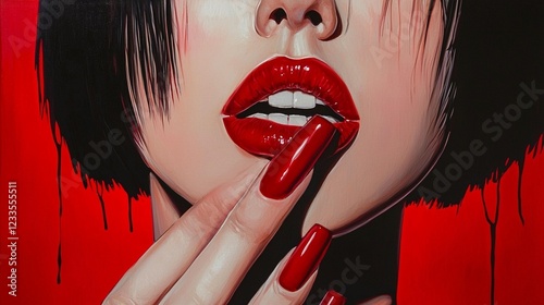 Close-up portrait woman's lips, nails, red background.  Use fashion, beauty, art
