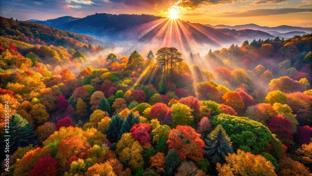 Obraz premium Aerial drone photography showcases Japan's Dotori forests in autumn; a mesmerizing display of nature's artistry.