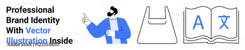 Man gesturing beside a shopping bag and an open book with language icons. Ideal for branding, education, e-commerce, business identity, advertising, multilingual tools, flat landing page banner