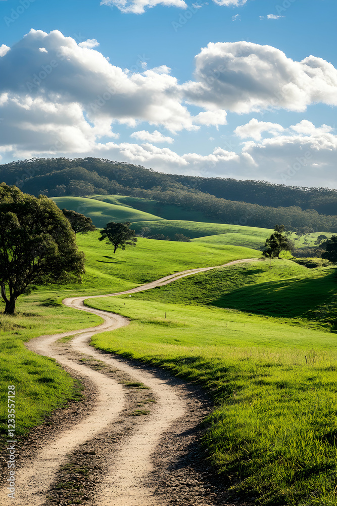 Fototapeta premium Serene Countryside Road Winding Through Rolling Green Hills Under a Bright Blue Sky