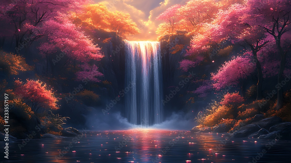 Fototapeta premium Autumnal waterfall, pink trees, sunset, serene pond, fantasy art