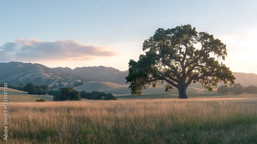 Fototapeta premium A serene landscape featuring a large tree in a grassy field with rolling hills in the background.