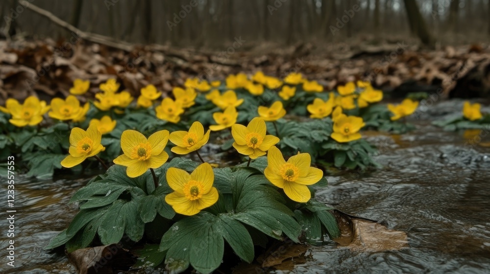 Obraz premium Yellow wildflowers bloom in forest stream. Nature scene for websites, posters