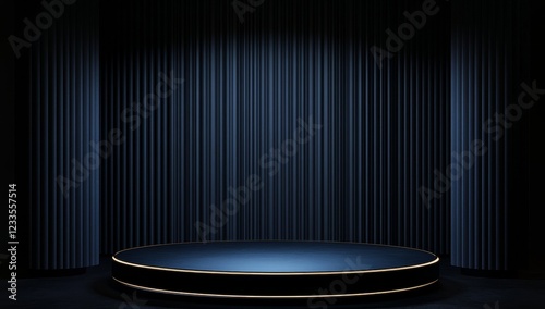 Dark stage with spotlight on circular platform, elegant curtains backdrop.