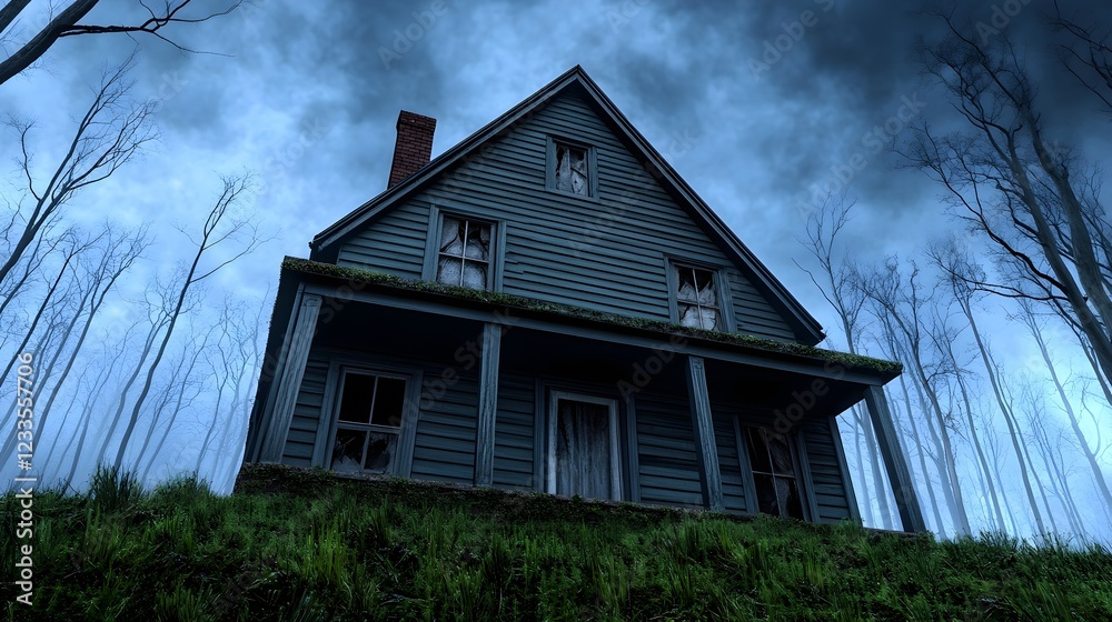 Abandoned House on a Hill Surrounded by Dark Woods and Gloomy Skies