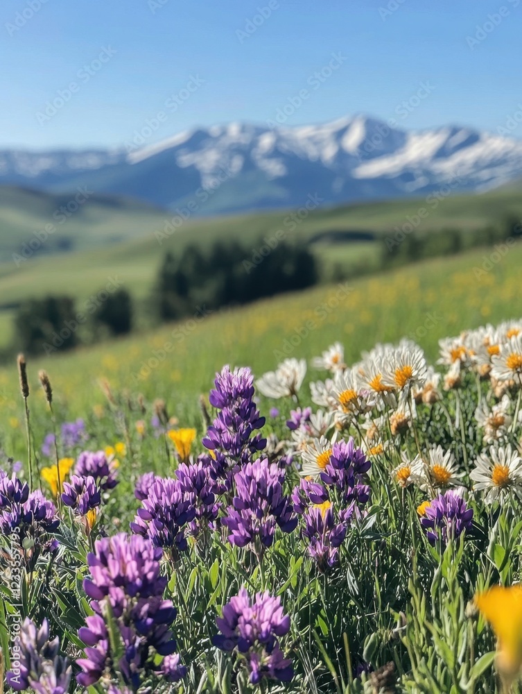 Obraz premium A close-up of bright wildflowers in the foreground with snow-capped mountains and rolling green hills in the background.